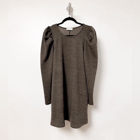 New In Puff Shoulder Long Sleeve Sweater Mini Dress in Taupe Small - Picture 1 of 8